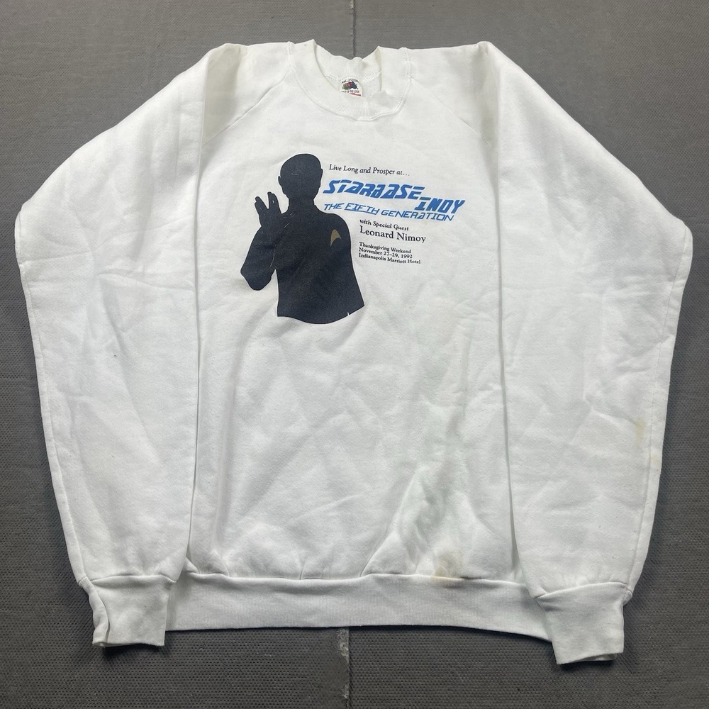 Vintage Star Trek Crewneck Sweater Mens XXL White Starbase Indy Lenard Nimoy USA
